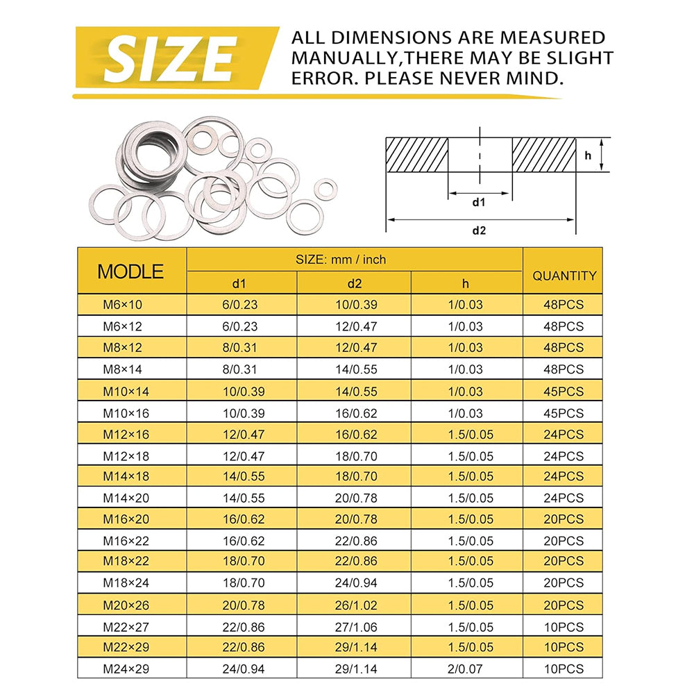 18 size 508 pcs Automotive Metric Oil Drain Plug Gasket Aluminum Flat Washer