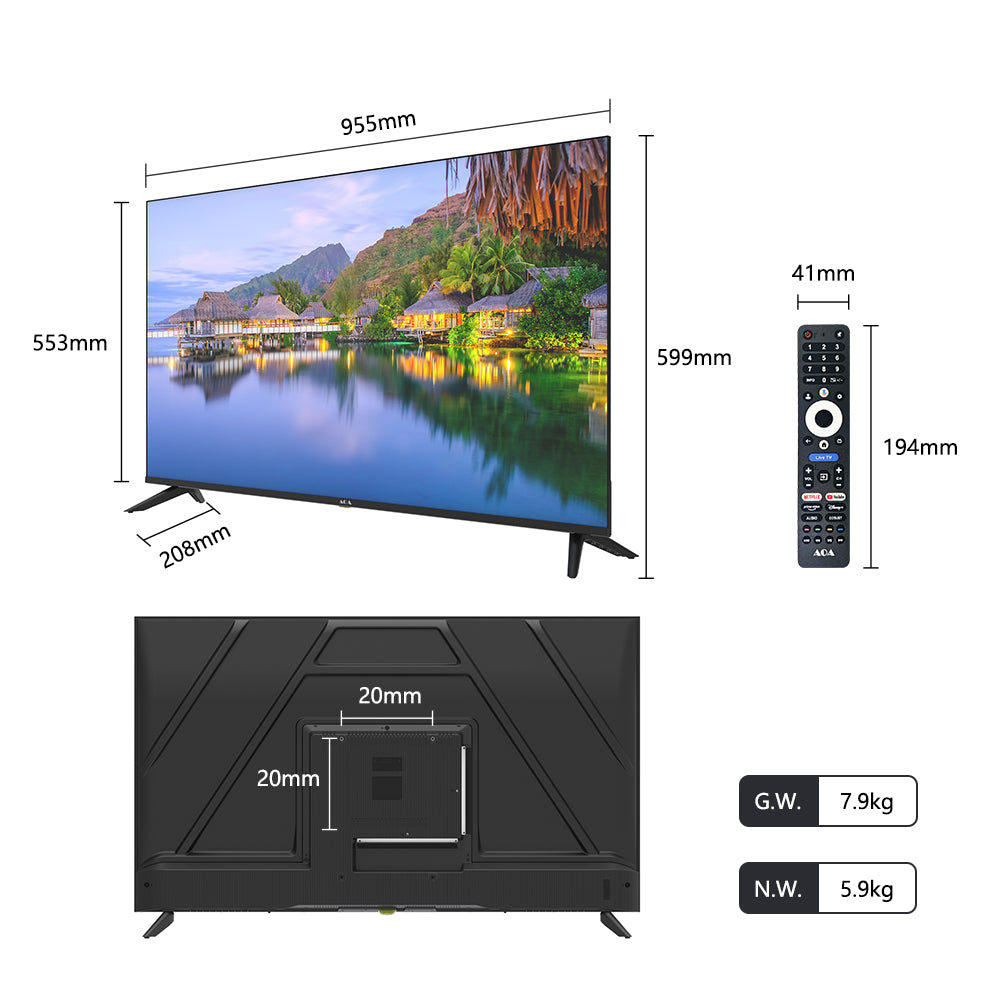 AOA 43" Google 5.0 AI 2G+16G Smart UHD 4K TV DVB-T2 BT WIFI 2.4/5G Voice Control
