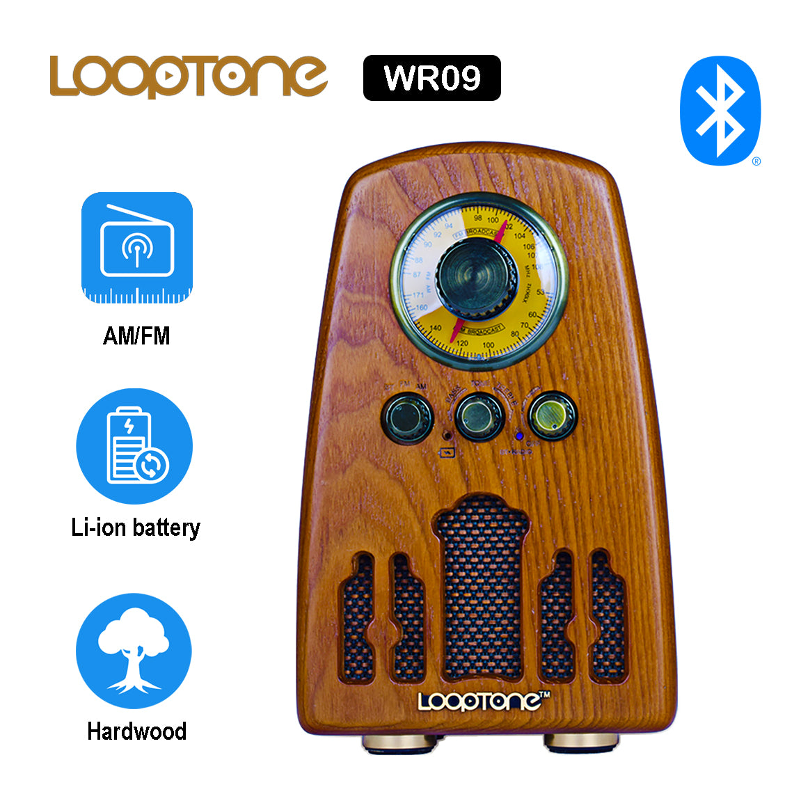 Vintage Hardwood AM/FM Bluetooth Radio Classic Retro Radio with Tone Control