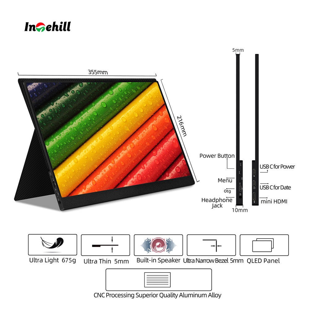 INTEHILL QLED 15.6" FHD 1080P PORTABLE MONITOR HDMI TYPE C USB Ultra Slim