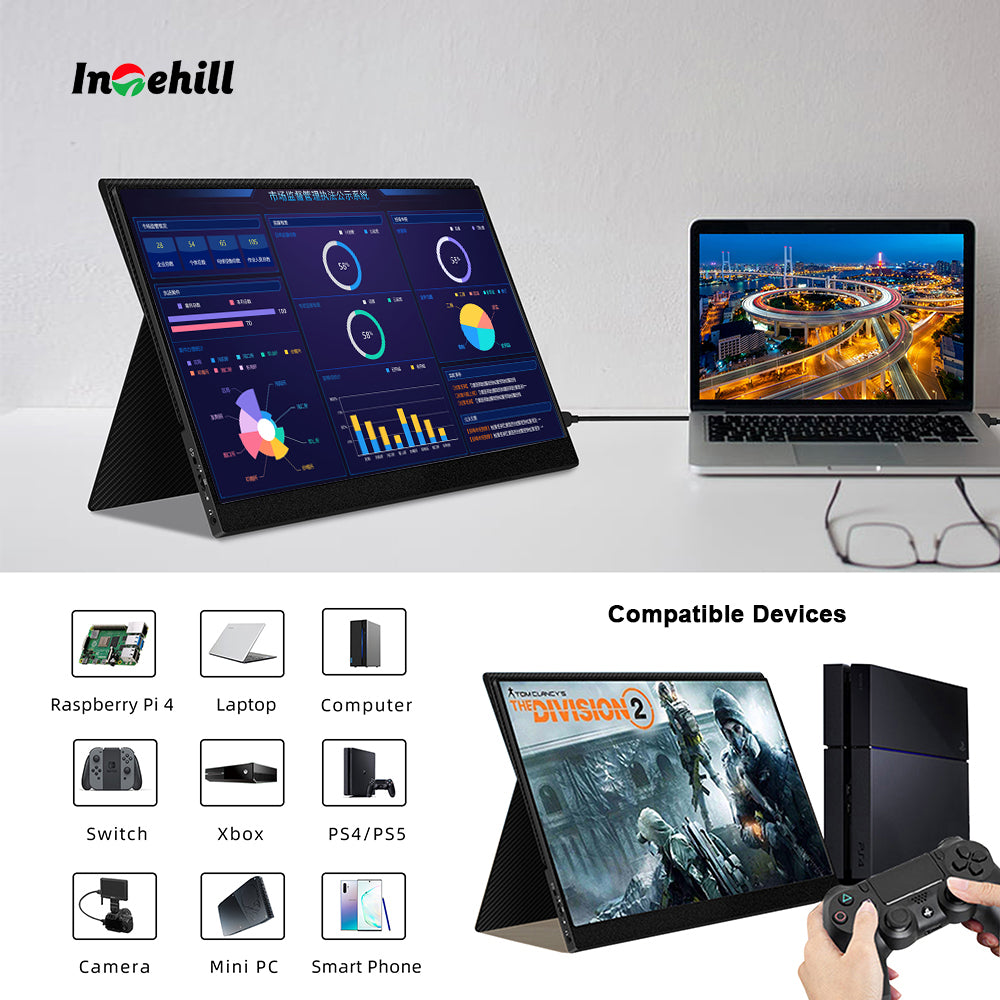 INTEHILL QLED 15.6" FHD 1080P PORTABLE MONITOR HDMI TYPE C USB Ultra Slim