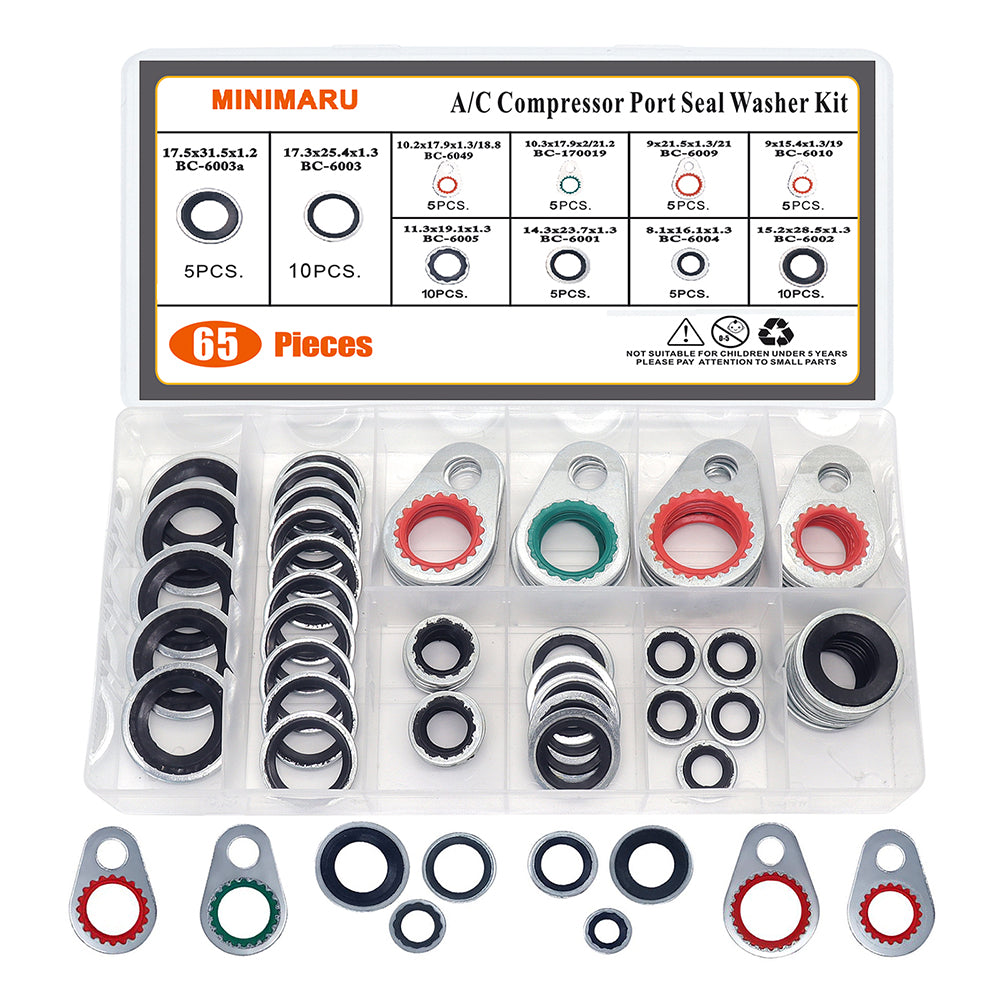 A/C System Compressor Gasket Seals Port Seal Washer Kit Bonded Assortment 65 PCS