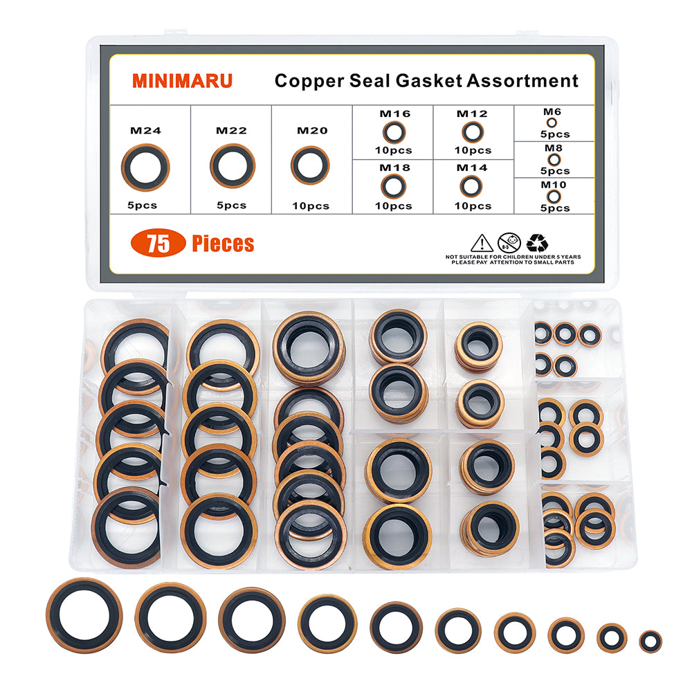 Automotive Copper Self-Centered Bonded Seal Gasket Assortment Kit 10 Sizes75 PCS