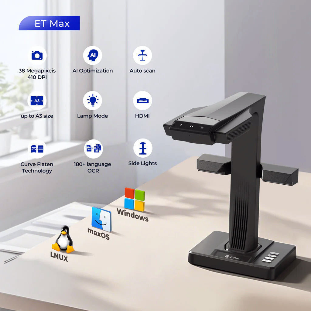 CZUR ET Series Smart Book & Document Scanner – High-Speed Overhead Scanner with Curve Flattening & OCR