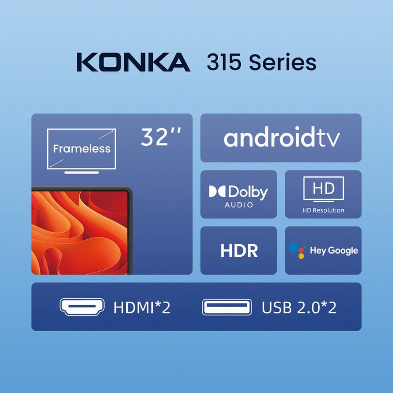 Konka Bezelless 32 inch HD Android DVB-T2 TV with HBBTV, Youtube, Netflix etc