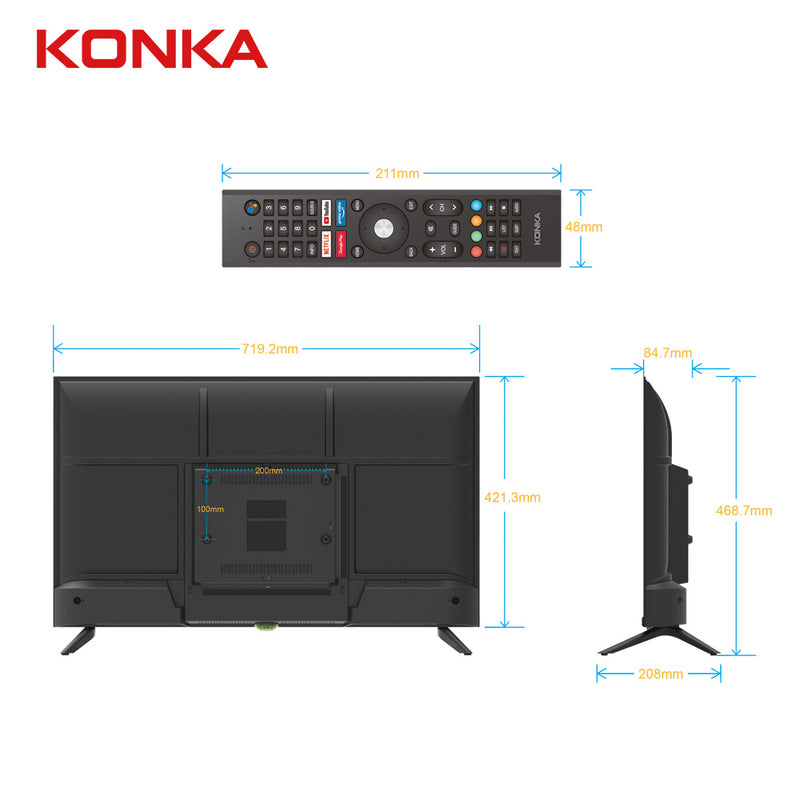 Konka Bezelless 32 inch HD Android DVB-T2 TV with HBBTV, Youtube, Netflix etc