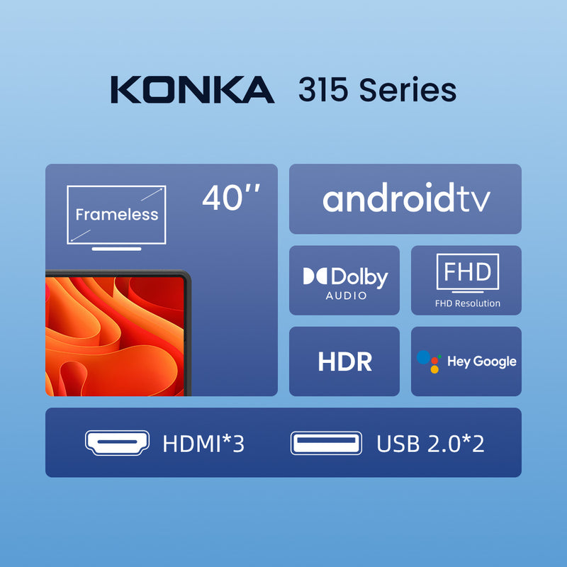 Konka Bezelless 40 inch FHD Android DVB-T2 TV with HBBTV, Youtube, Netflix etc