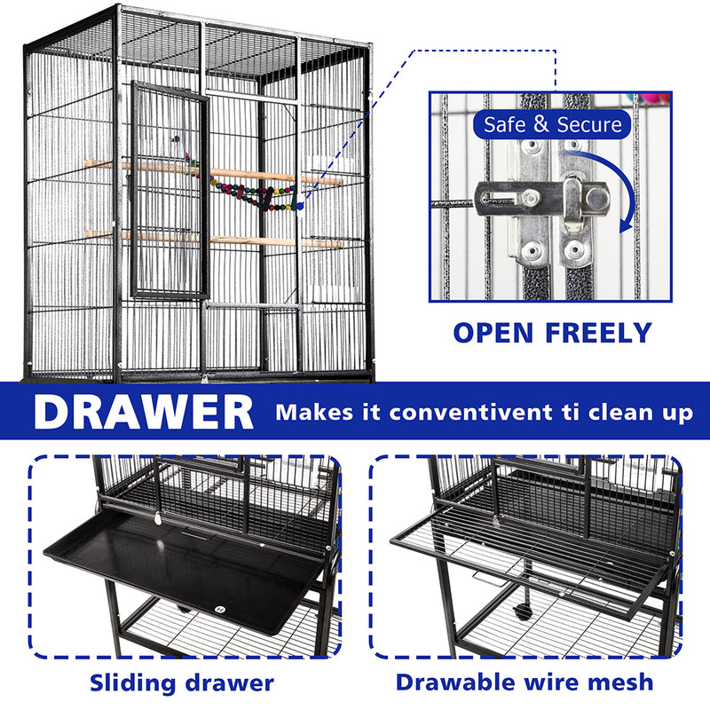 Bird Cage Parrot Aviary Pet Stand-alone Budgie Perch Castor Wheels Large 135cm