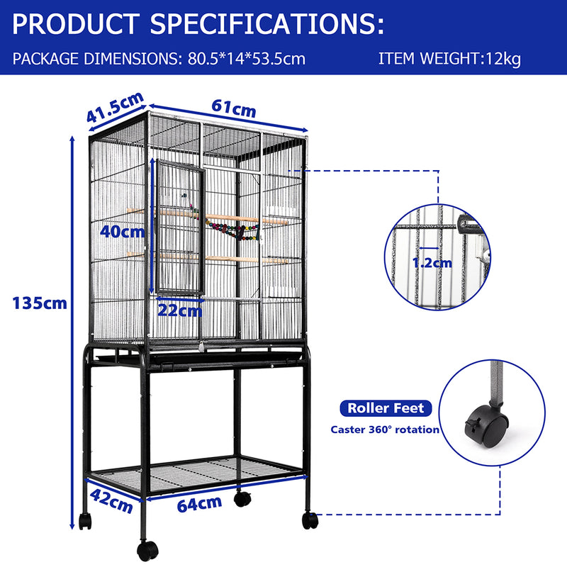 Bird Cage Parrot Aviary Pet Stand-alone Budgie Perch Castor Wheels Large 135cm