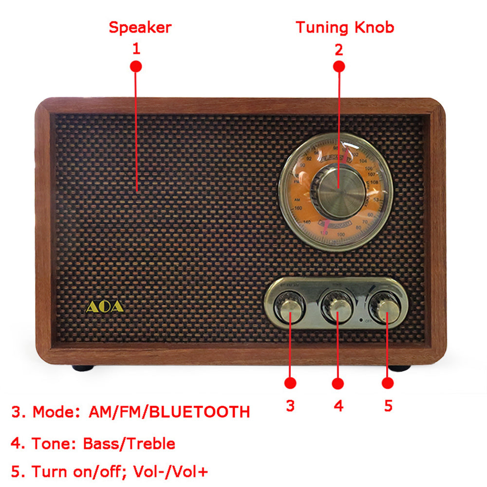 Vintage Wooden AM/FM Bluetooth Radio Classic Retro Radio with Tone Control