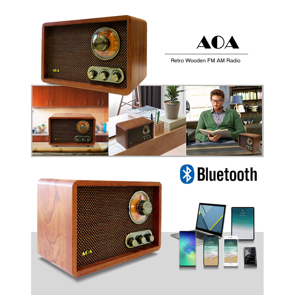 Vintage Wooden AM/FM Bluetooth Radio Classic Retro Radio with Tone Control