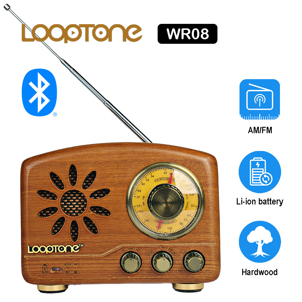 Vintage Hardwood AM/FM Bluetooth Radio Classic Retro Radio with Tone Control
