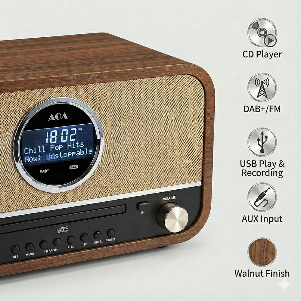 AOA RDF-CD200 BT DAB+ FM Radio CD Player USB Recording RMS15Wx2