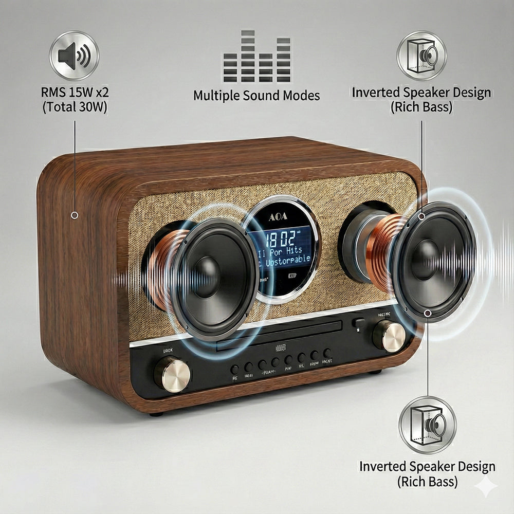 AOA RDF-CD200 BT DAB+ FM Radio CD Player USB Recording RMS15Wx2