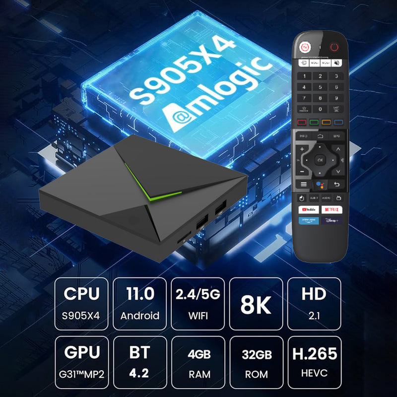 ANDROID 11 Smart Box 4K HDR 4+32GB Quad-Core Media Dual Band Wi-Fi BT Remote