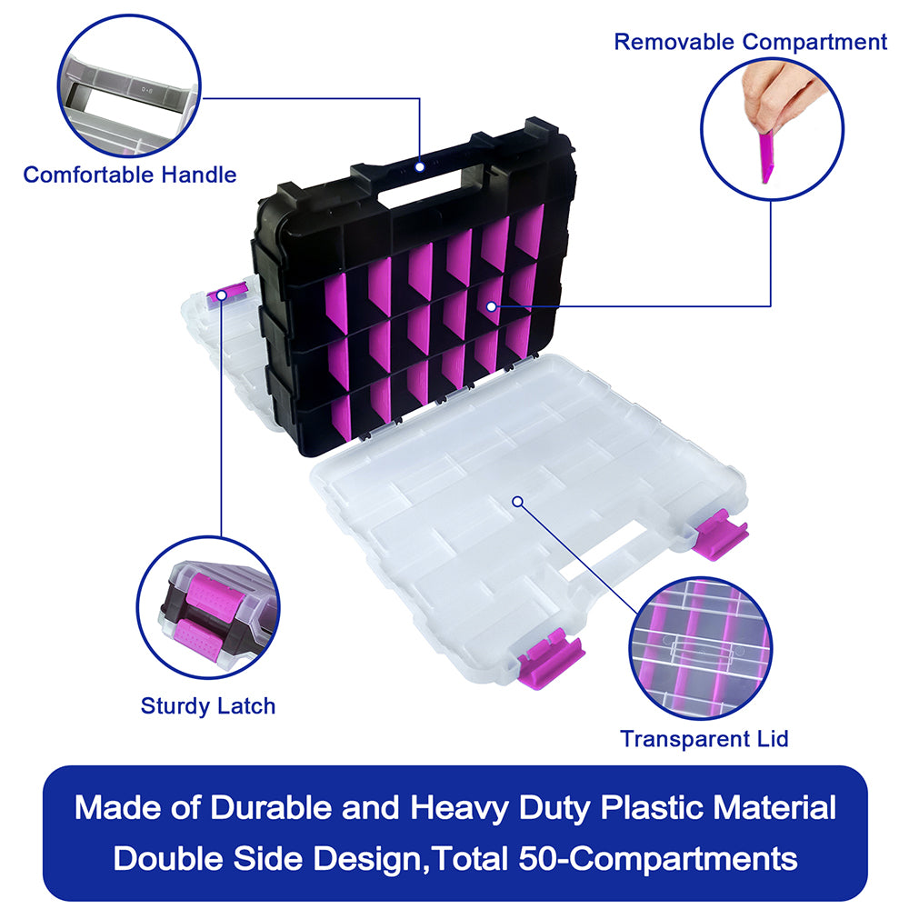 Tools Organizer Box Small Parts Storage Box 50-Compartment Double Side Purple