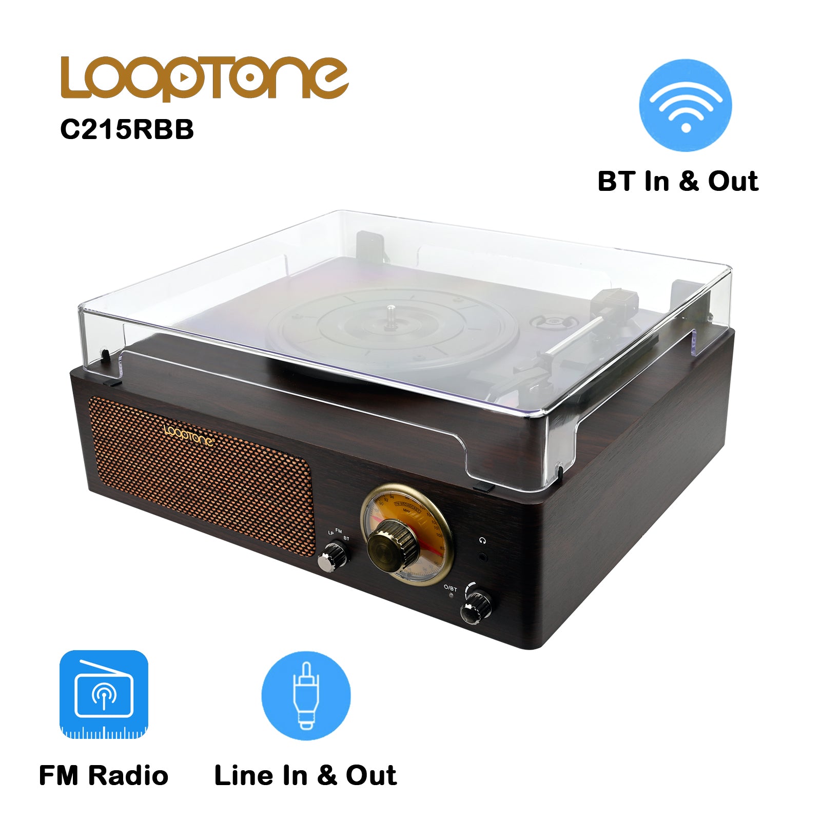 Looptone DS-215RBB Bluetooth In & Out Turntable with FM Radio functions