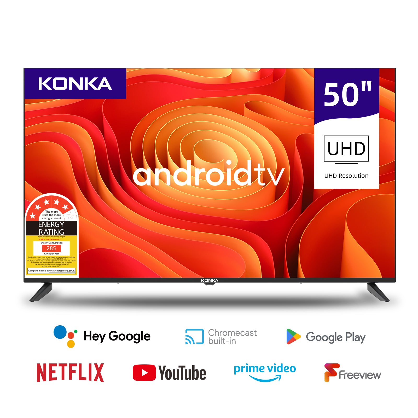 Konka Bezelless 50 inch UHD Android DVBT2 TV with HBBTV, Youtube, Net