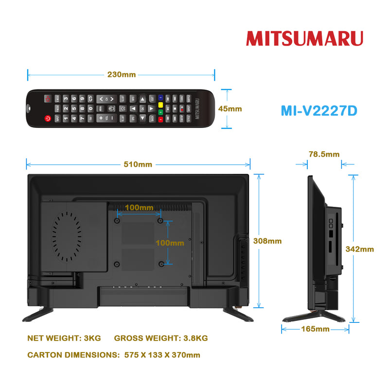 MITSUMARU 21.5 FHD Android Smart DVD Combo All in One TV DVB-T2 DVB-S2 DC 12V