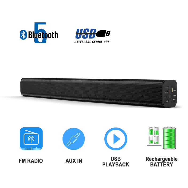 High Quality BT 5.0 Rechargeable MINI SOUNDBAR FM Radio USB MP3 Playback AUX IN